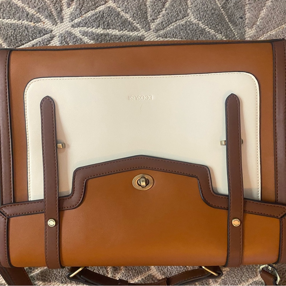Brown and White Vegan Leather Laptop Bag - Picture 5 of 16